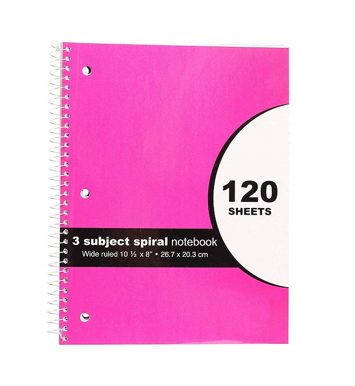 4 Pcs Three Leaf 3 Subjects Spiral Notebook (10.5' x 8')  College Ruled 120 Sheets Random Colors  (Blue, Black, Pink and Green) - 4 Pack