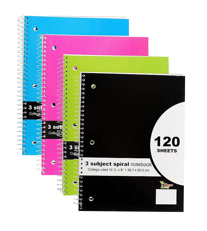 4 Pcs Three Leaf 3 Subjects Spiral Notebook (10.5' x 8') College Ruled 120 Sheets Assorted Colors (Blue, Black, Pink and Green)- 4 Pack