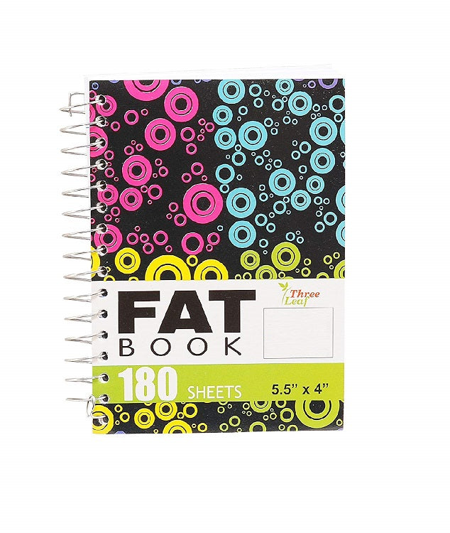 2 Pcs Three Leaf Spiral Fat Book Notebook (5.5' x 4') College Ruled 180 Sheets Random Design 2 Pack