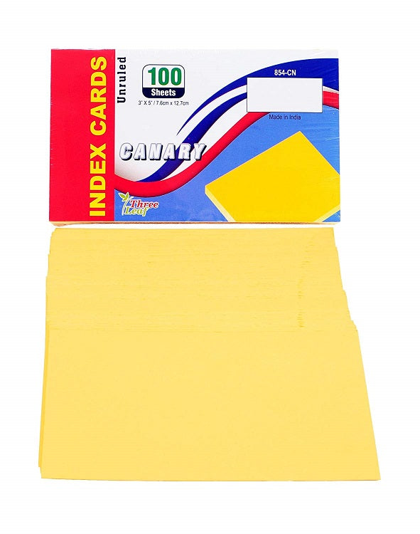100 Sheets Three Leaf Index Cards 3” x 5” Unruled Canary Yellow, Cherry, and Blue - 3 Pack