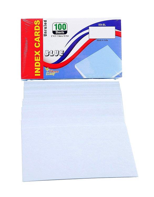 100 Sheets Three Leaf Index Cards 3” x 5” Blue - 5 Pack