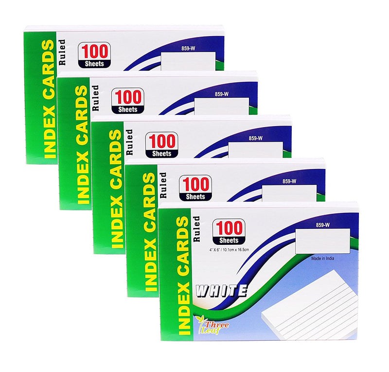 100 Sheets Three Leaf Index Cards Ruled White - 5 Pack