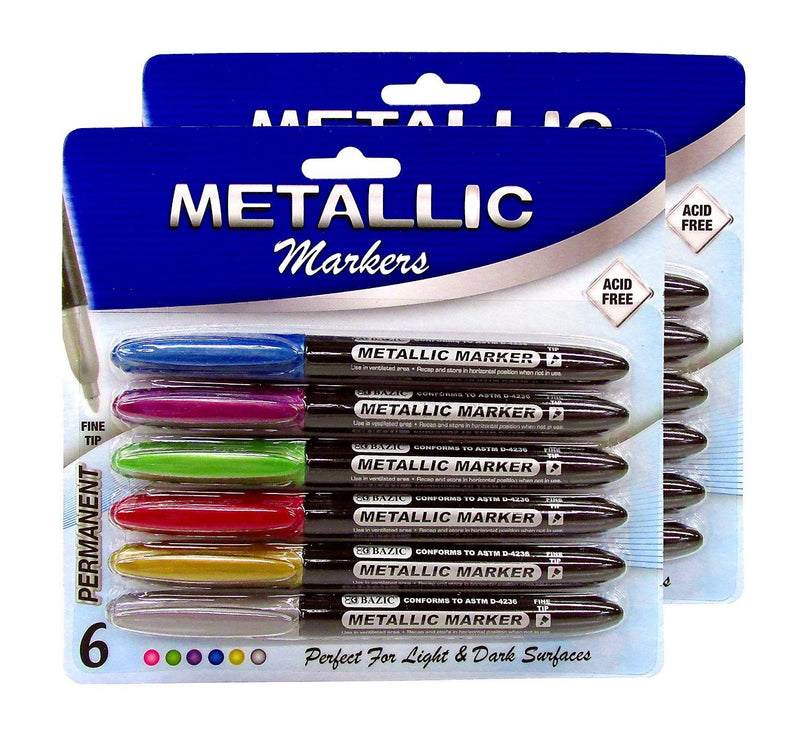 12 Pcs Bazic Permanent Metallic Markers Fine Tip Multicolor (Pink, Green, Purple, Blue, Silver, Gold)  - 2 Pack