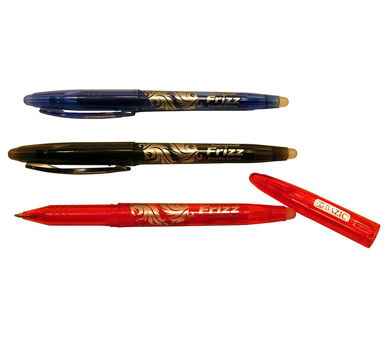 3 Pcs Bazic Retractable and Erasable Gel Pens (0.7mm) Black, Blue and Red - 1 Pack