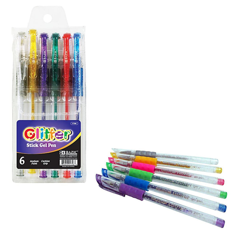 6 Pcs Bazic Glitter Color Gel Pen w- Cushion Grip Assorted Color (purple, blue, green, pink, peach, gray) 1 Pack