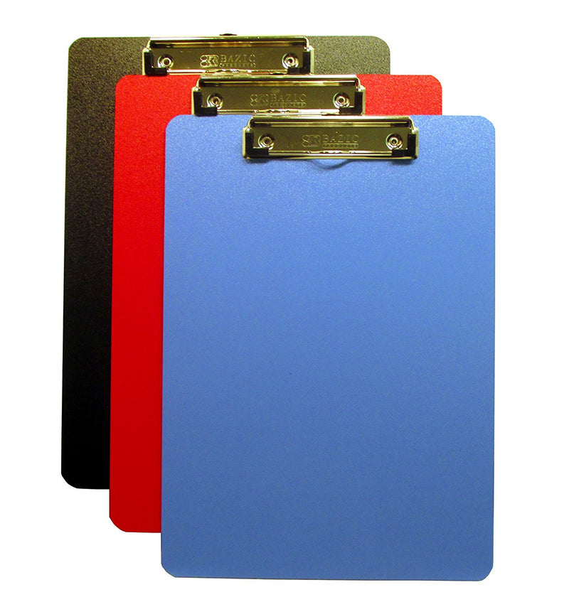 3 Pcs Bazic Hardboard Plastic Clipboard (9” X 12.25”) Assorted Colors (Red, Blue, Black) -3 Pack