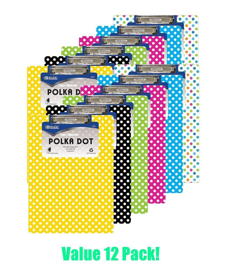 12 Pcs Bazic Polka Dot Paperboard Clipboard (8.50” X 11”) Assorted Colors - 12 Pack