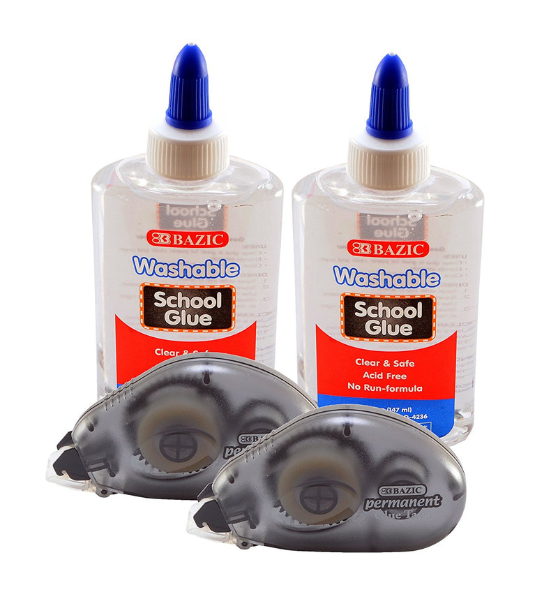 Bazic Glue Set (2 Washable Clear School Glue + 2 Permanent Glue Tape) - 1 Set