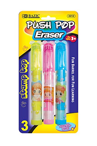 3 Pcs Bazic Fancy Push-Pop Pencil Eraser With Stamp Top 1 Pack