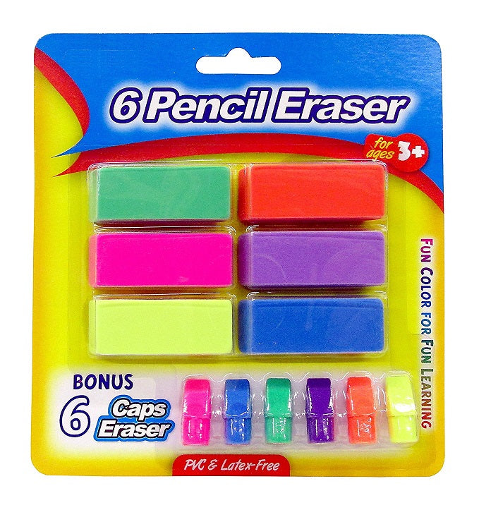 1 Set Bazic Bright Color Pencil Eraser 6 Pencil Eraser + 6 Caps Eraser (Green, Hot Pink, Yellow, Orange, Purple, Blue)