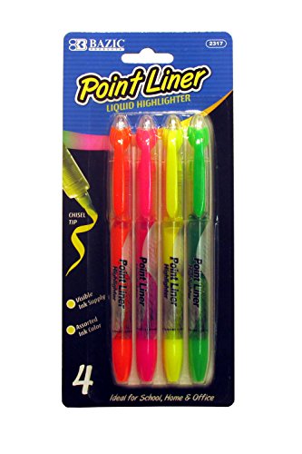 4 Pcs Bazic Fluorescent Liquid Highlighters Chisel Tip Multicolor (orange, pink, yellow, green) - 1 Pack
