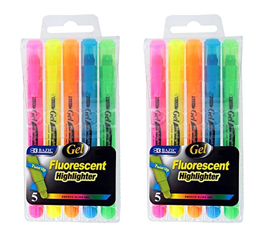 10 Pcs Bazic Gel Fluorescent Highlighter Twist up Tip Multicolor - 2 Pack