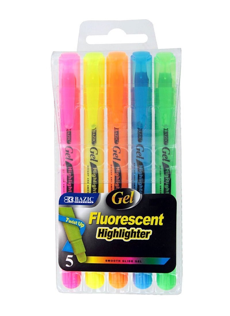 5 Pcs Bazic Gel Fluorescent Highlighter Twist up Multicolor (pink, orange, green, blue, yellow) - 1 Pack