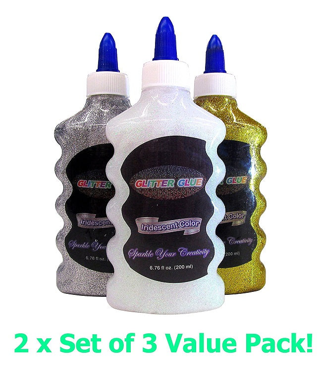 6 Bottles Bazic Glitter Glue Set 200 ML Iridescent Metallic Colors (Gold, Silver, and Pearl) 2 Pack