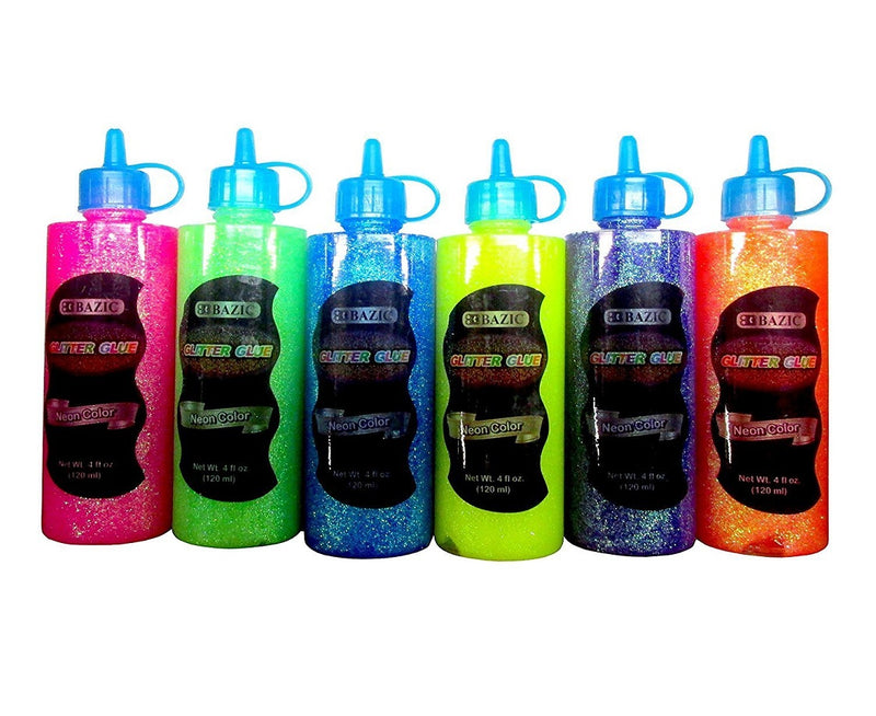 6 Bottles Bazic Glitter Glue Set 120ML Assorted Neon Colors (Pink, Green, Orange, Blue, Yellow, Purple, Orange) 6 Pack