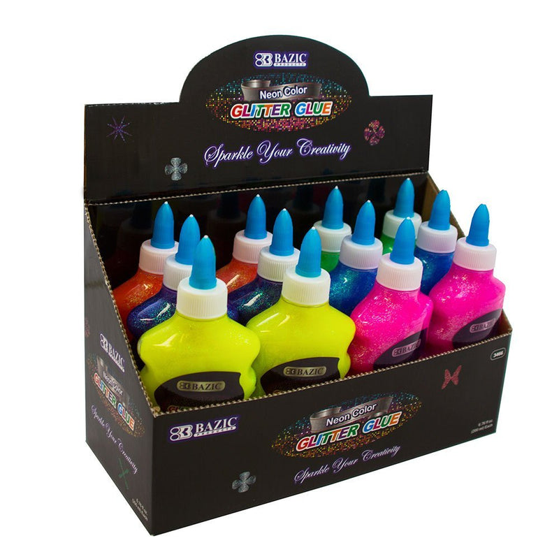 12 Bottles Bazic Glitter Glue Set 200ML  Assorted Neon Colors (Pink, Green, Orange, Blue, Yellow, Purple, Orange) 12 Pack