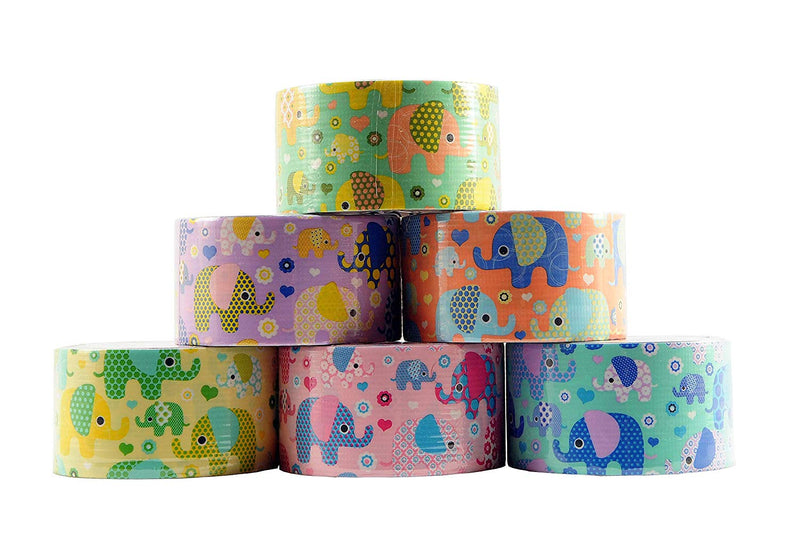 6 Rolls Bazic Elephant Themed Decorative Duct Tapes Set (1.88" X 5’) Multi-purpose Self-adhering Tapes Assorted Colors  - 6 Pack