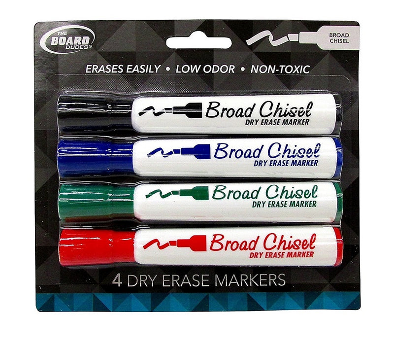 4 Pcs The Board Dudes Dry Erase Markers Broad Tip Multicolor (Black, Blue, Green,Red) - 1 Pack