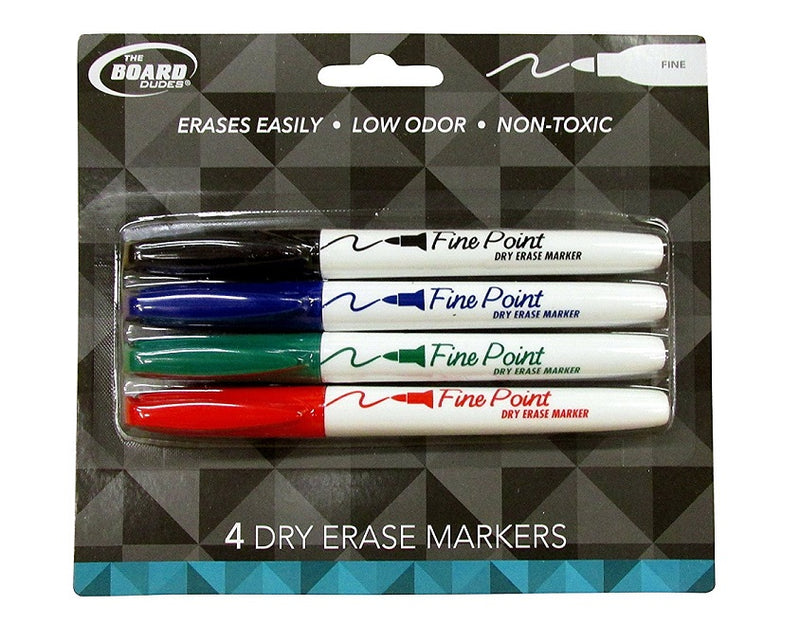 4 Pcs The Board Dudes Dry Erase Markers Fine Tip Multicolor (Black, Red, Blue, Green) - 1 Pack