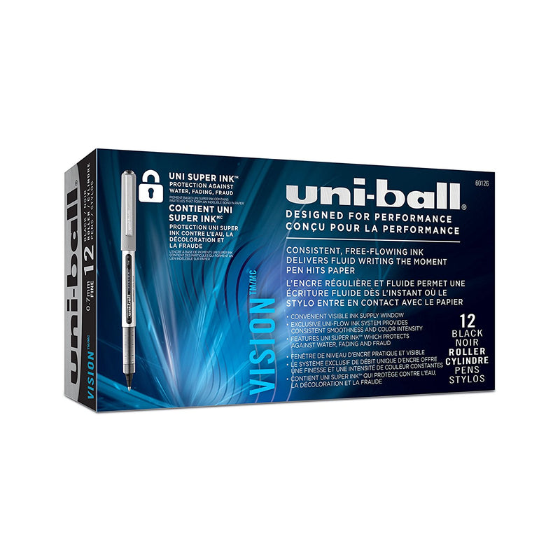 12 Pcs Uni-ball Vision Rollerball Pens Fine Point (0.7mm) Black 1 Box
