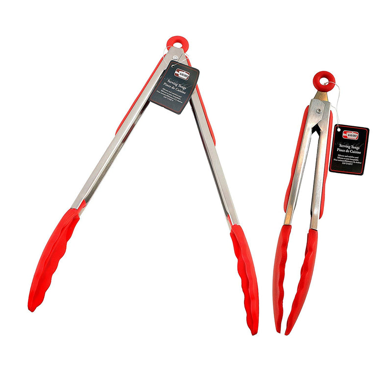 2 Pcs Ai-De-Chef Tongs (9 and 12 Inches) Stainless Steel With Red Silicone - 2 Pack