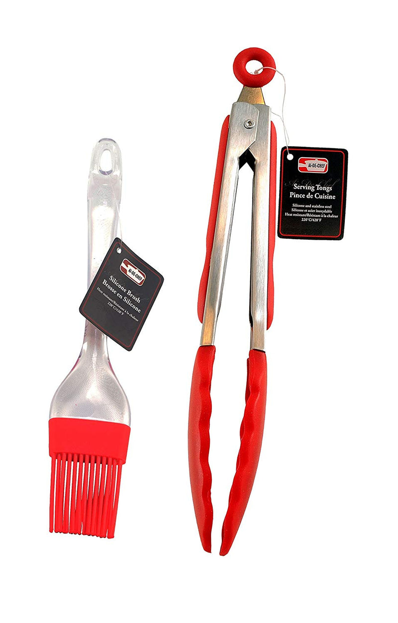 2-pc Ai-De-Chef Cooking  Silicone Tong 9”  and Silicone Basting BrushSet  -1 Pack