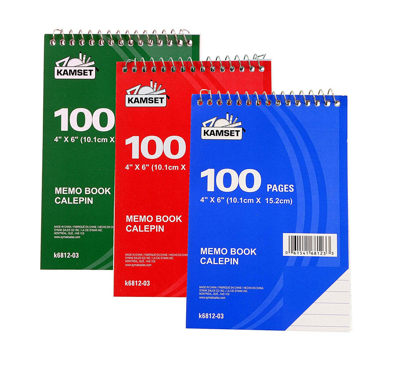 3 Pcs Kamset Top Bound Spiral Notebooks 4”x 6” College Ruled 100 Pages Random Color (blue, green, red) - 3 Pack