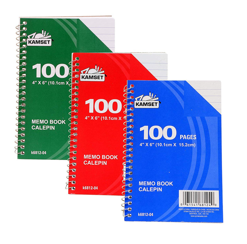 3 Pcs Kamset Side Bound Spiral Notebooks 4”x 6” College Ruled 100 Pages Random Color ( blue, green, red)- 3 Pack