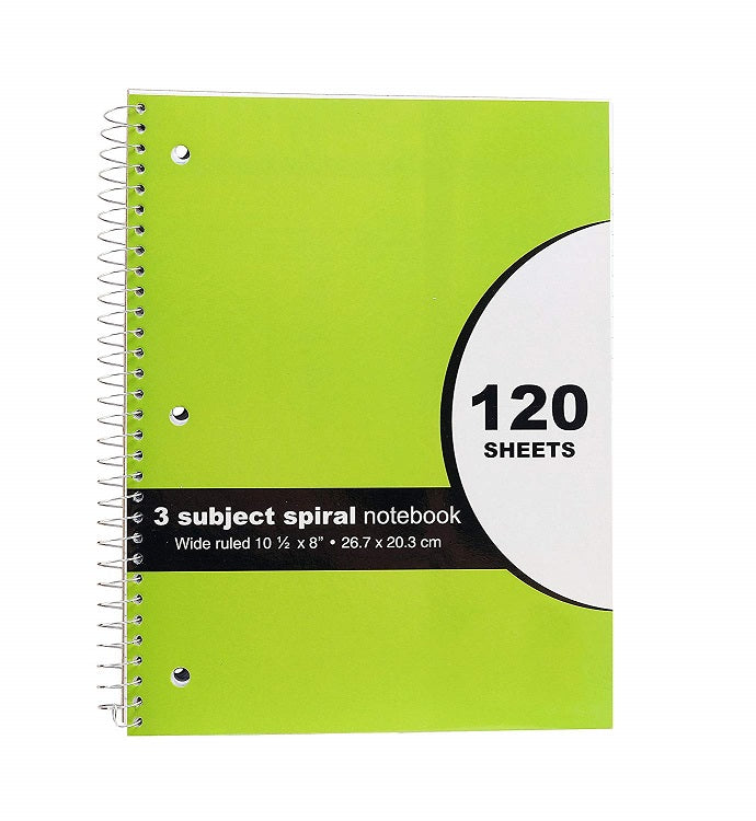 4 Pcs Three Leaf 3 Subjects Spiral Notebook (10.5' x 8')  College Ruled 120 Sheets Random Colors  (Blue, Black, Pink and Green) - 4 Pack