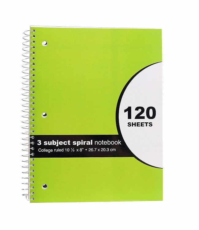 4 Pcs Three Leaf 3 Subjects Spiral Notebook (10.5' x 8') College Ruled 120 Sheets Assorted Colors (Blue, Black, Pink and Green)- 4 Pack