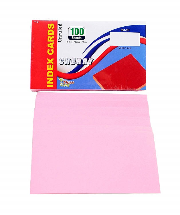 100 Sheets Three Leaf Index Cards 3” x 5” Unruled Canary Yellow, Cherry, and Blue - 3 Pack