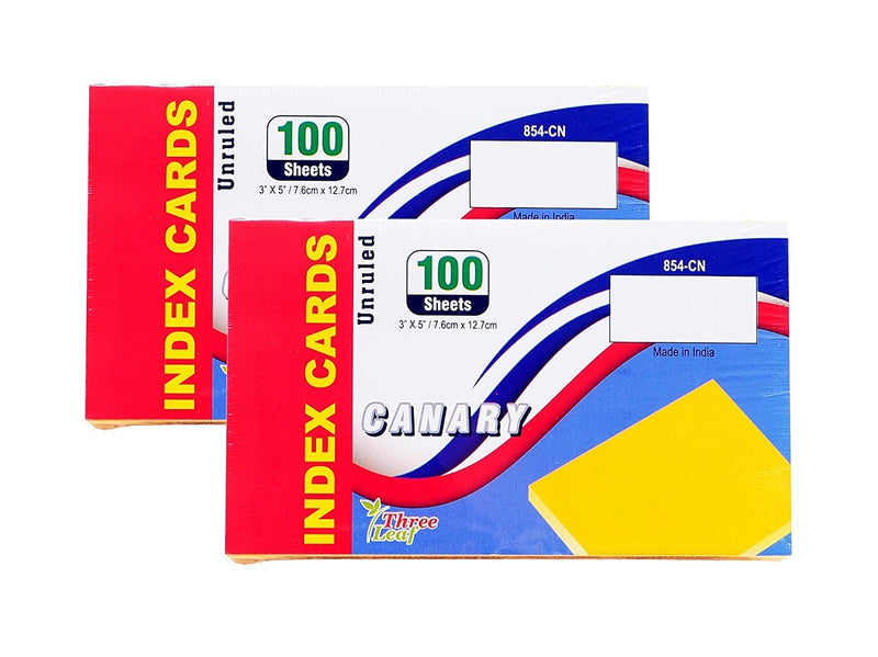 100 Sheets Three Leaf Index Cards 3” x 5” Unruled Canary Yellow - 2 Pack