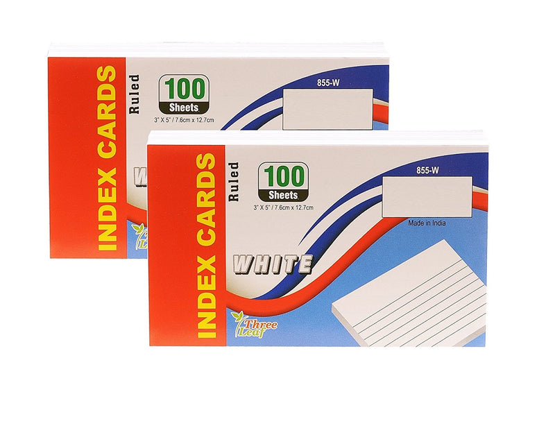 100 Sheets Three Leaf Index Cards 3” x 5” Ruled White - 2 Pack