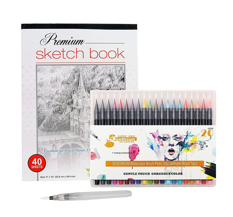 40 Sheets Three Leaf Set Premium Sketchbook 9x12” + 1 Pack Watercolor Brush Pens W- 1 Water Brush - 1 Set
