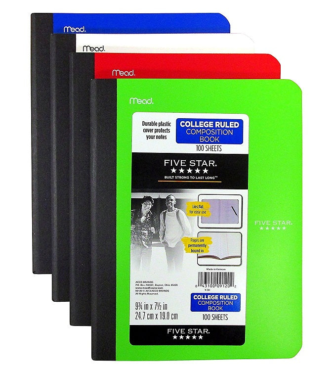 4 Pcs Five Star Mead Composition Notebook 9 3⁄4 x 7 1⁄2 College Ruled 100 Sheets Multicolored - 4 Pack