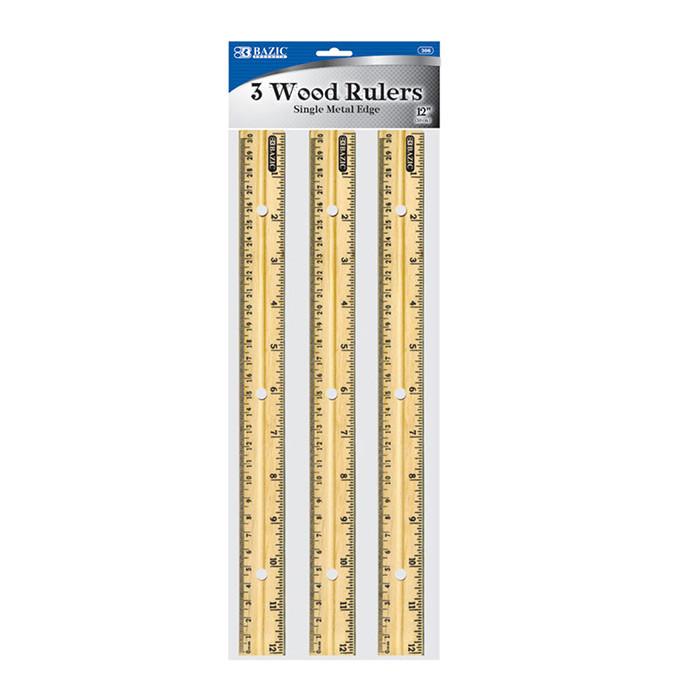 3 Pcs Bazic Wood Rulers (Scale: 12 inches and 30cm) Yellow - 3 Pack