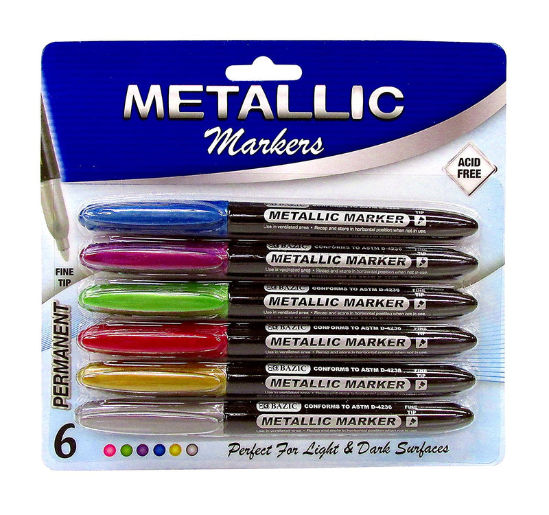 6 Pcs Bazic Permanent Metallic Markers Fine Tip Multicolor (Pink, Green, Purple, Blue, Silver, Gold) - 1 Pack