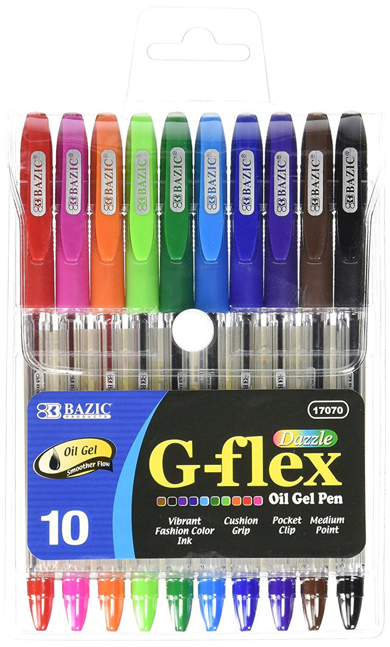 10 Pcs Bazic Dazzle G-Flex Oil-Gel Ink Pen with Cushion Grip Multicolor - 1 Pack