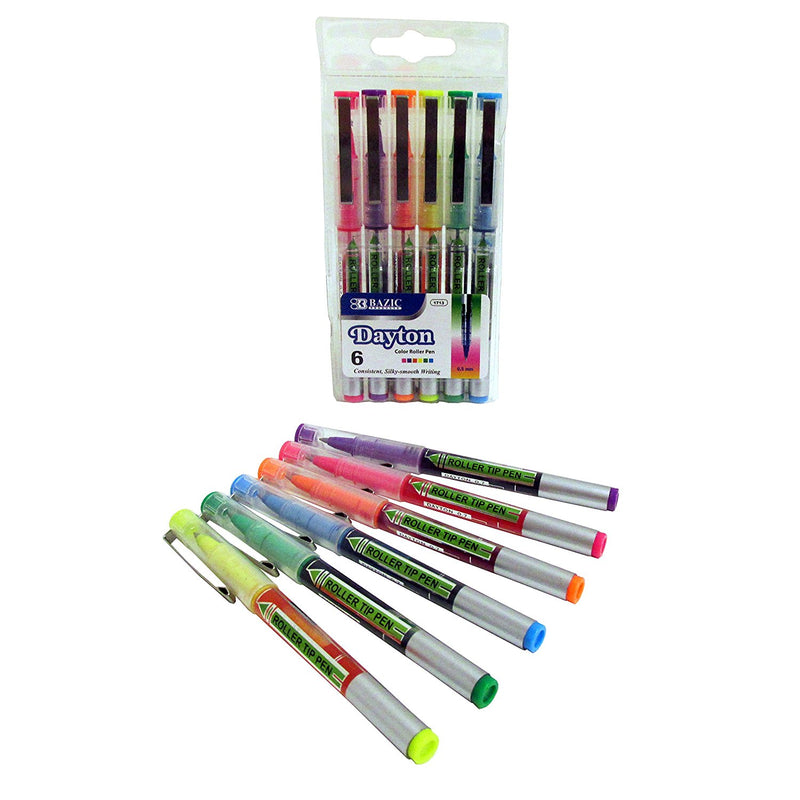 6 Pcs Bazic Rollerball Pen Fine Tip Multicolor (Red, Purple, Orange, Yellow, Green, Blue) - 1 Pack