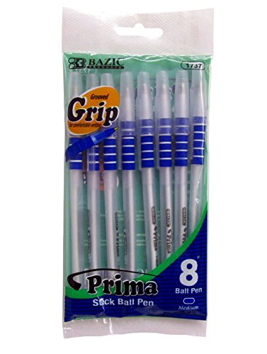 8 Pcs Bazic Groove Grip Ballpoint Pen Medium Point Blue Ink - 1 Pack