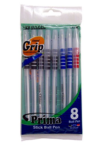 8  Pcs Bazic Groove Grip Ballpoint Pen Pack Medium Point (Black, Blue, Red) - 1 Pack