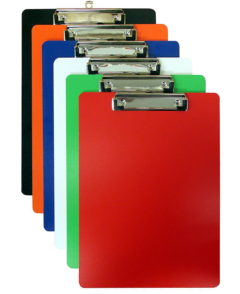 6 Pcs Bazic Hardboard Plastic Clipboard (9” X 12.25”) Assorted Colors (Blue, Black, Green, White, Orange)- 6 Pack