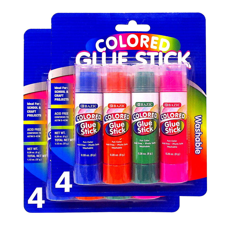 8 Pcs Bazic Twist Up Colored Glue Sticks 0.28oz (8g.) Washable 2 Pack