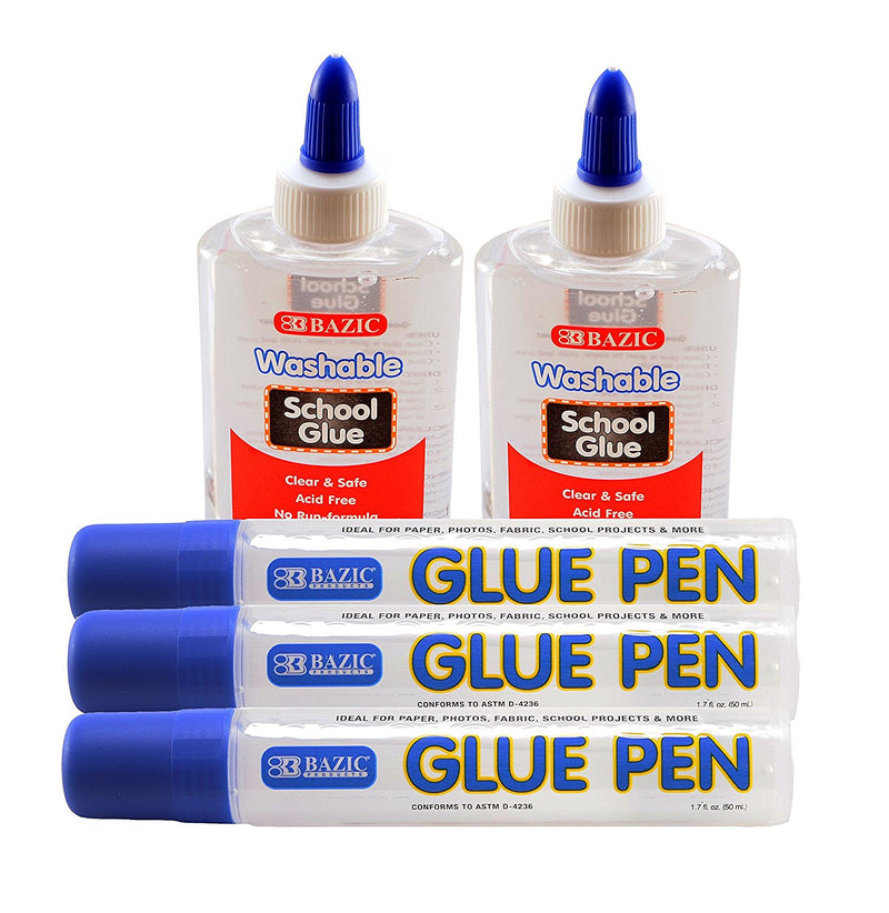 Bazic Glue Set (2 Washable Clear School Glue + 3 Refillable Clear Glue Pen) - 1 Set