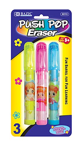 3 Pcs Bazic Kids Push-Pop Pencil Eraser With Standard Clip Top 1 Pack