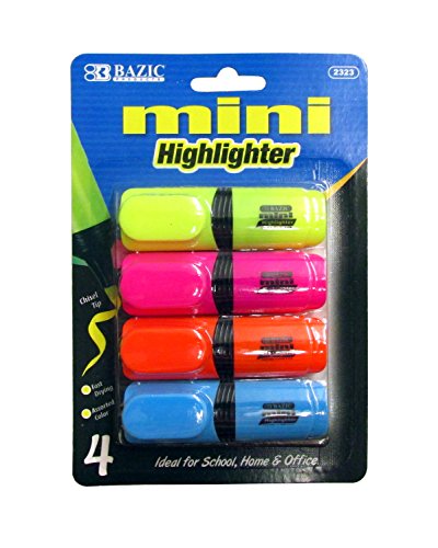 4 Pcs Bazic Mini Desk Style Fluorescent Highlighters Multicolor (yellow, pink, orange, blue) - 1 Pack