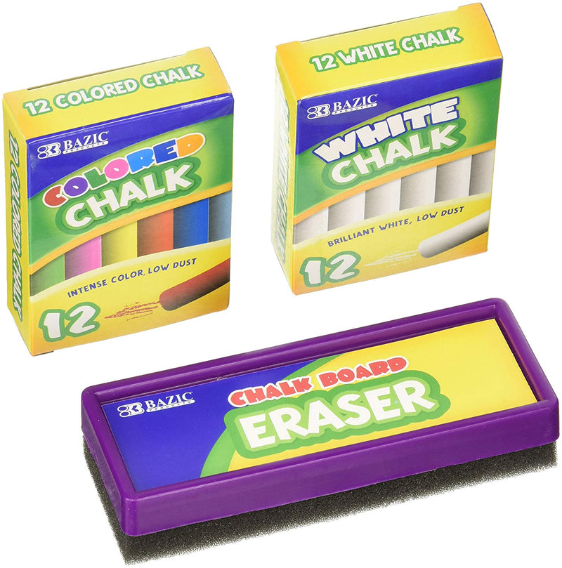 Bazic Chalk and Eraser Set (12 Colored Chalks + 12 White Chalks + Eraser) Non-toxic 1 Set