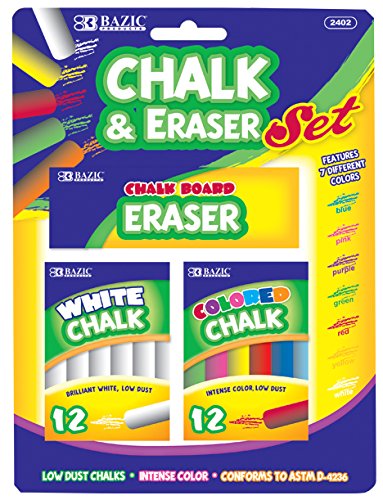 Bazic Chalk and Eraser Set (12 Colored Chalks + 12 White Chalks + Eraser) Non-toxic 1 Set