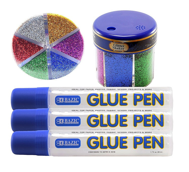 1 Set Bazic Glitter Shaker 2.17 oz. w- 3 Refillable Clear Glue Pen Multicolor ( Blue, Green, Red, Silver, Gold, Pink) - 1 pack