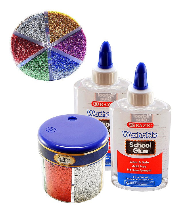 2 Set Bazic Glitter Shaker 2.17 oz. w- 2 Refillable Clear Glue Pen Multicolor ( Blue, Green, Red, Silver, Gold, Pink) - 2 pack
